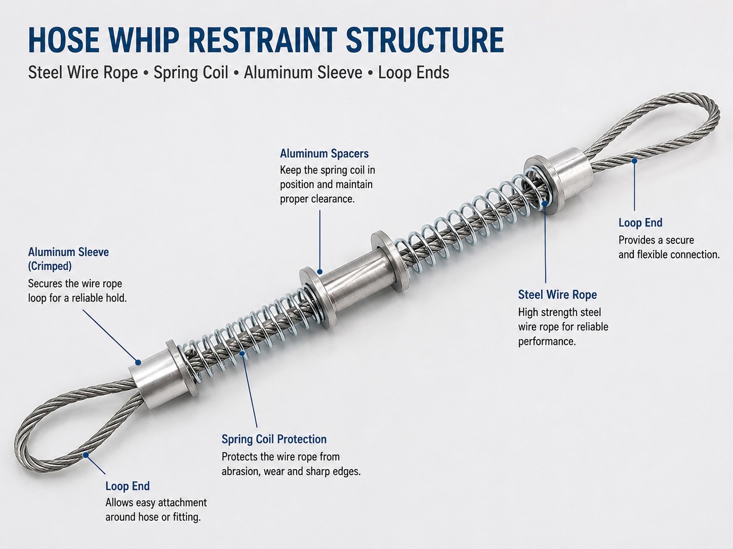Hose whip restraint structure with steel wire rope spring coil aluminum sleeve and loop ends Hose whip restraint structure with steel wire rope spring coil aluminum sleeve and loop ends