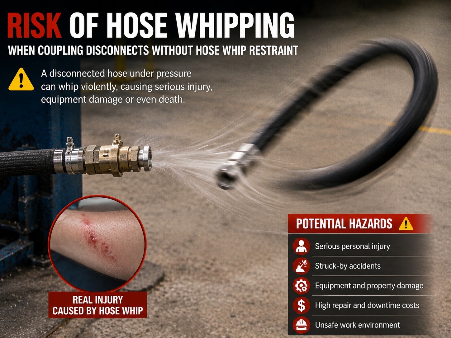 Risk of hose whipping when coupling disconnects without hose whip restraint Risk of hose whipping when coupling disconnects without hose whip restraint
