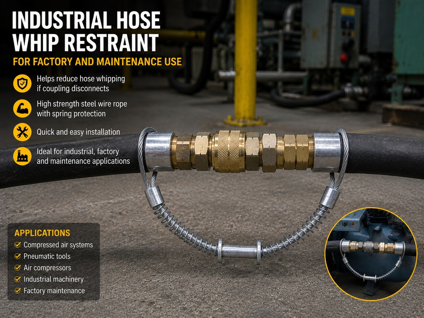 Industrial hose whip restraint for factory and maintenance use Industrial hose whip restraint for factory and maintenance use