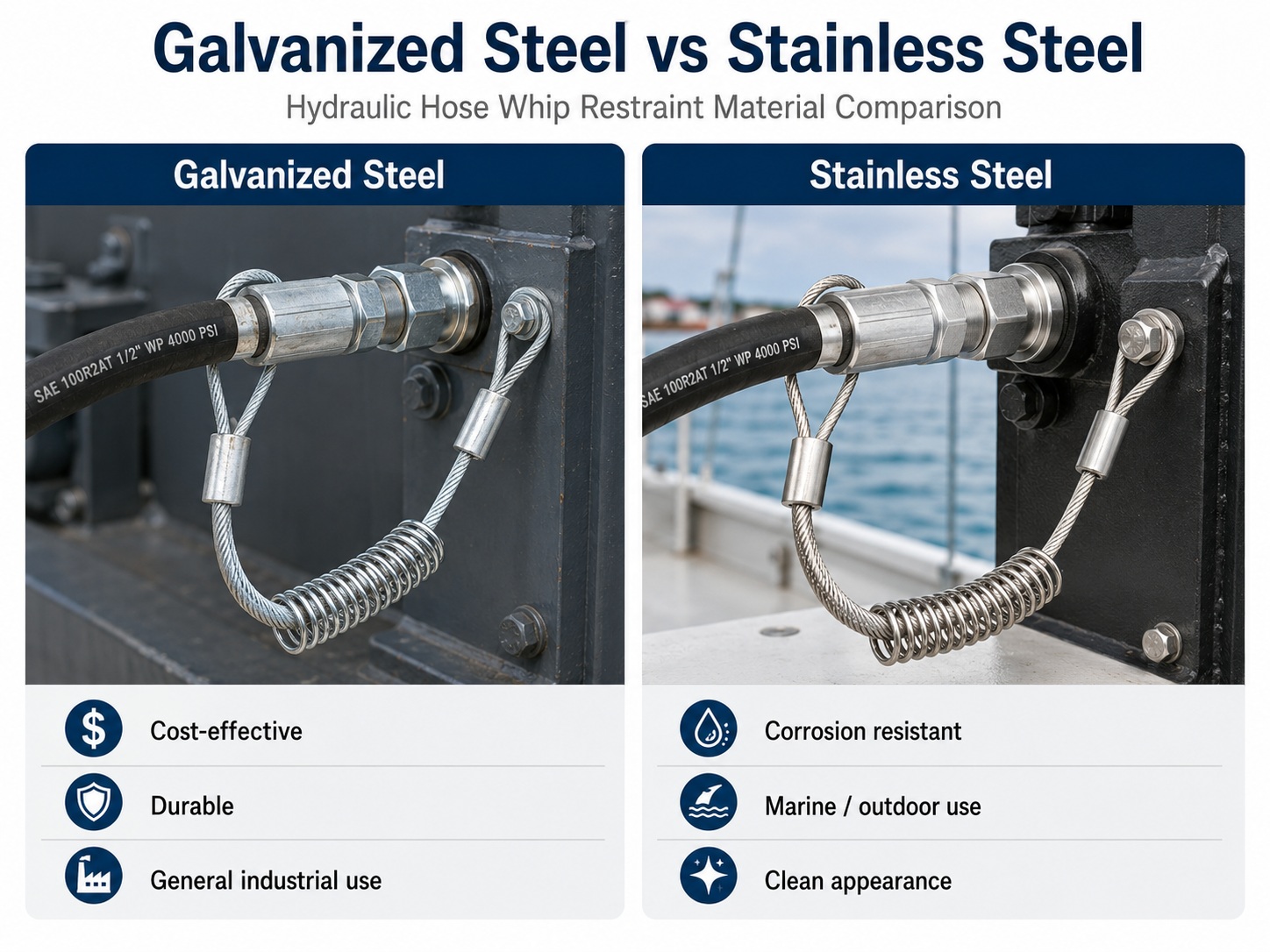 Galvanized steel and stainless steel 油圧ホースの振れ止め装置 material comparison Galvanized steel and stainless steel 油圧ホースの振れ止め装置 material comparison