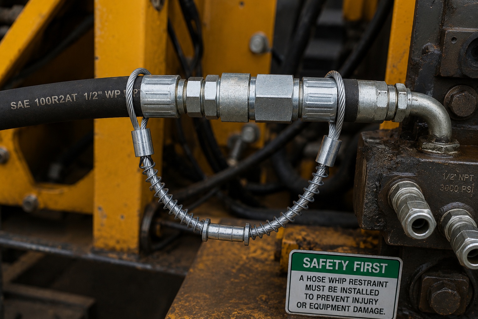 Hydraulic hose whip restraint installed on high pressure hose connection Hydraulic hose whip restraint installed on high pressure hose connection