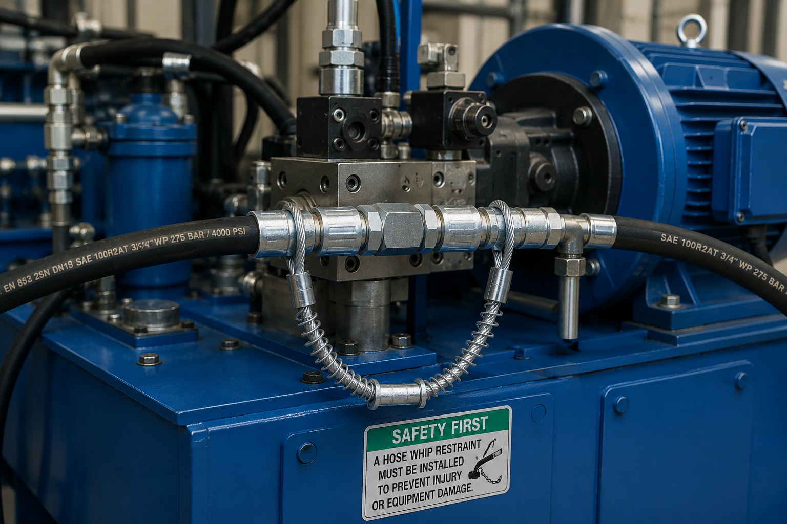 高い pressure hose restraint installed on industrial hydraulic power unit 高い pressure hose restraint installed on industrial hydraulic power unit