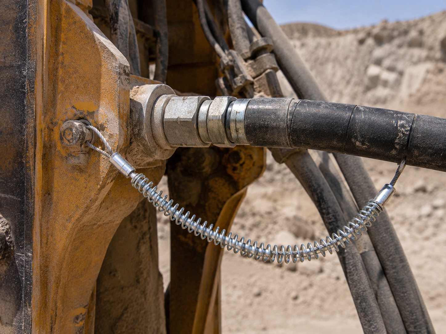 Mining 油圧ホースの振れ止め装置 installed on heavy equipment hose connection Mining 油圧ホースの振れ止め装置 installed on heavy equipment hose connection