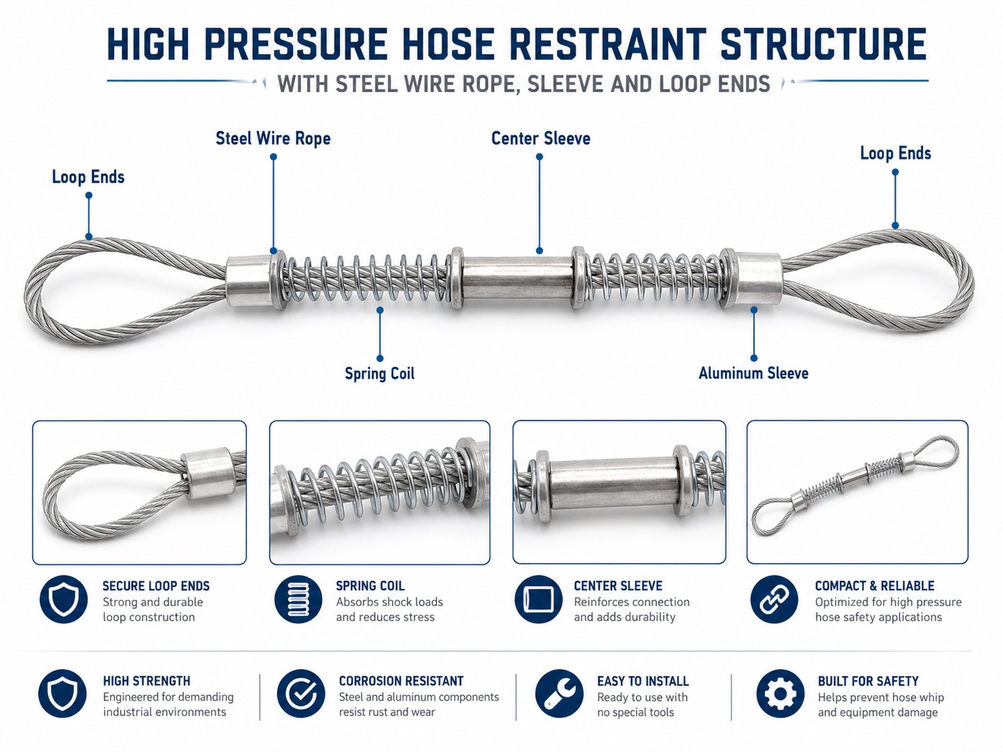 High pressure hose restraint structure with steel wire rope sleeve and loop ends High pressure hose restraint structure with steel wire rope sleeve and loop ends