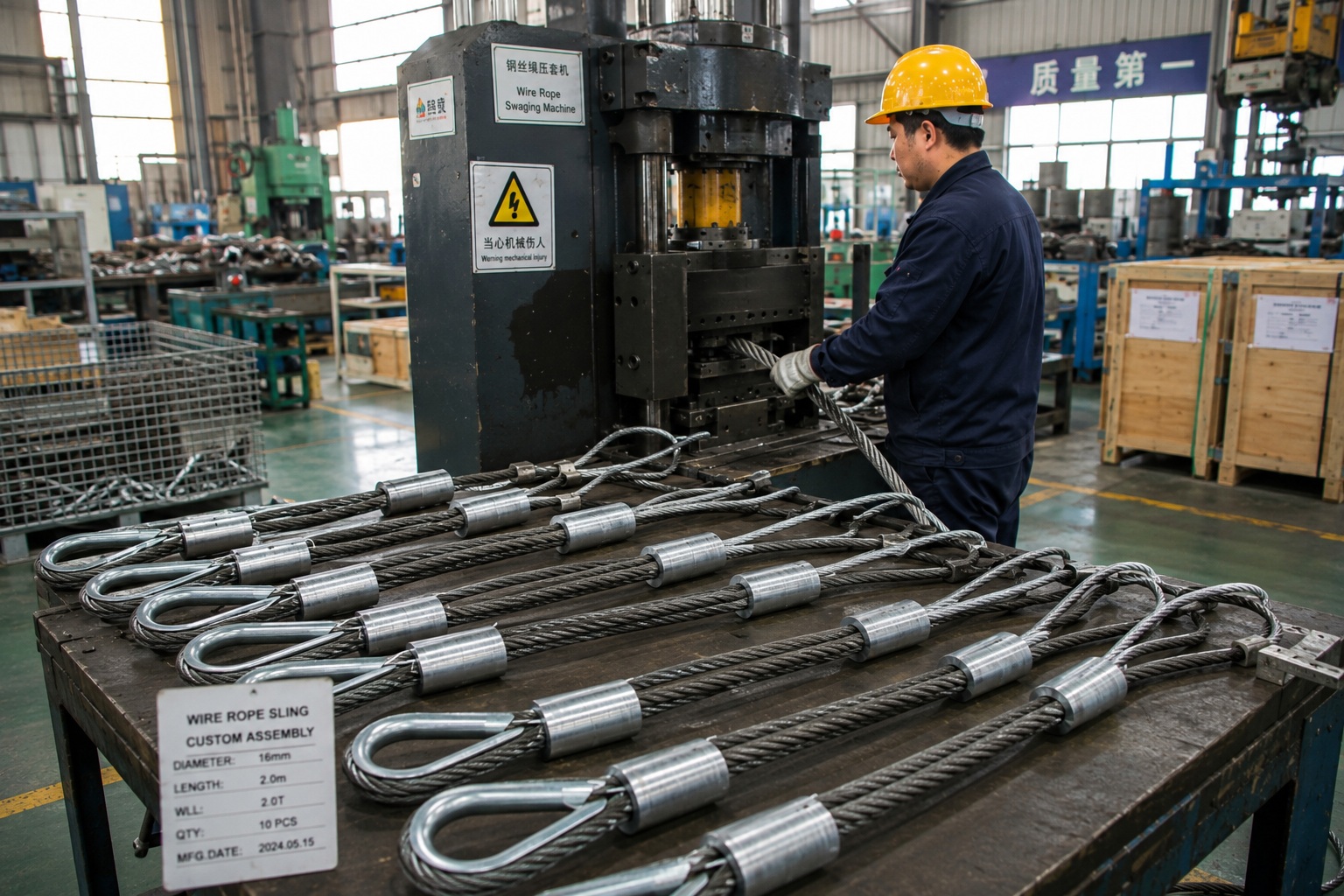 Wire rope sling swaging production for custom lifting sling assembly Wire rope sling swaging production for custom lifting sling assembly